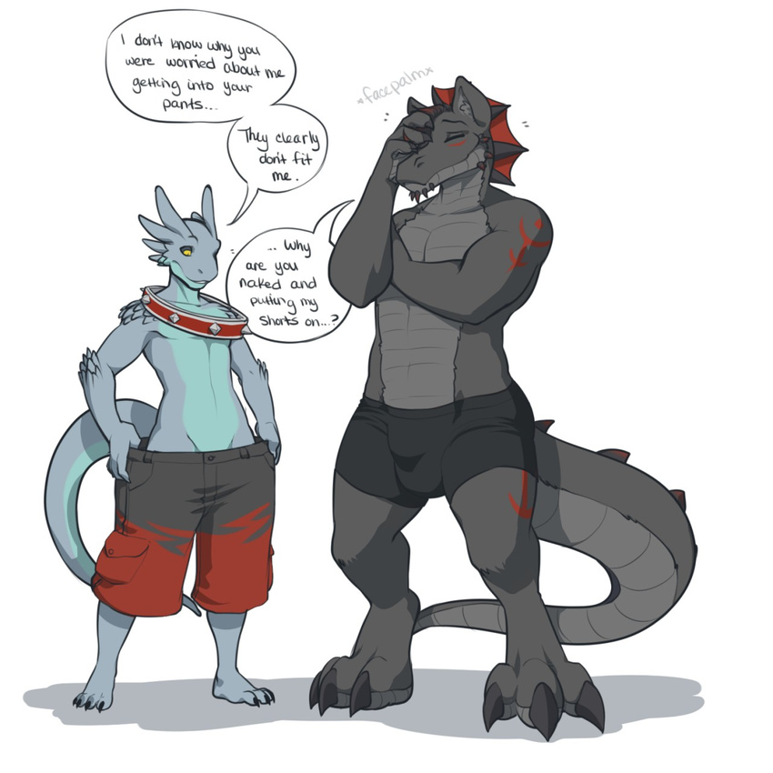 anthro bulge clothed clothing drakesapphire drayk drayk_dagger duo half-dressed kittydee lizard male reptile scalie shurian text topless