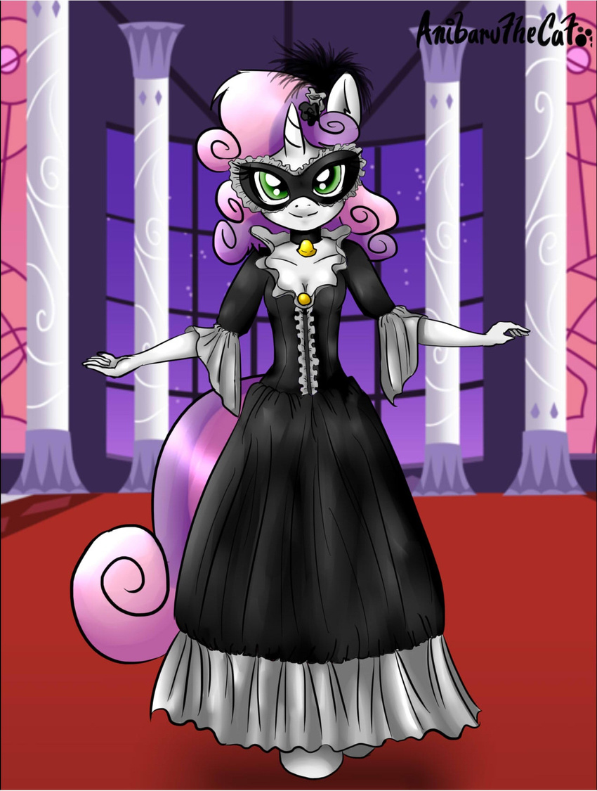 2014 anibaruthecat anthro anthrofied clothing dress equine female friendship_is_magic fur green_eyes hair horn inside looking_at_viewer mammal masquerade my_little_pony smile solo sweetie_belle_(mlp) two_tone_hair unicorn white_fur
