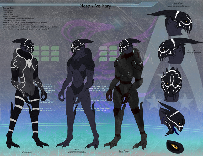 2014 2_toes alien animal_genitalia anthro armor blue_skin blue_tongue claws clothed clothing digital_media_(artwork) digitigrade eyes_close-up facial_markings full-length_portrait genital_slit headshot_portrait hi_res male markings mass_effect model_sheet narok_valkary nerakafenice nude open_mouth portrait sharp_teeth slit solo spines standing teeth the_more_you_know toes tongue tongue_out turian video_games yellow_eyes
