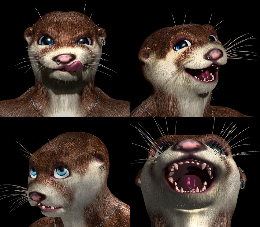 2014 3d anthro blue_eyes brown_fur expressions fur jay jayott male mammal mustelid open_mouth otter piercing solo tongue whiskers