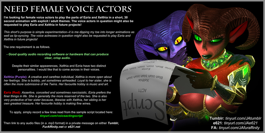 advertisement armor big_breasts breasts confusion demon ezria female gem glowing gold green_sclera hand_on_mouth hand_on_shoulder humanoid jessica_anner paper purple_scales red_scales scales script succubus text unconvincing_armor xelthia yellow_sclera