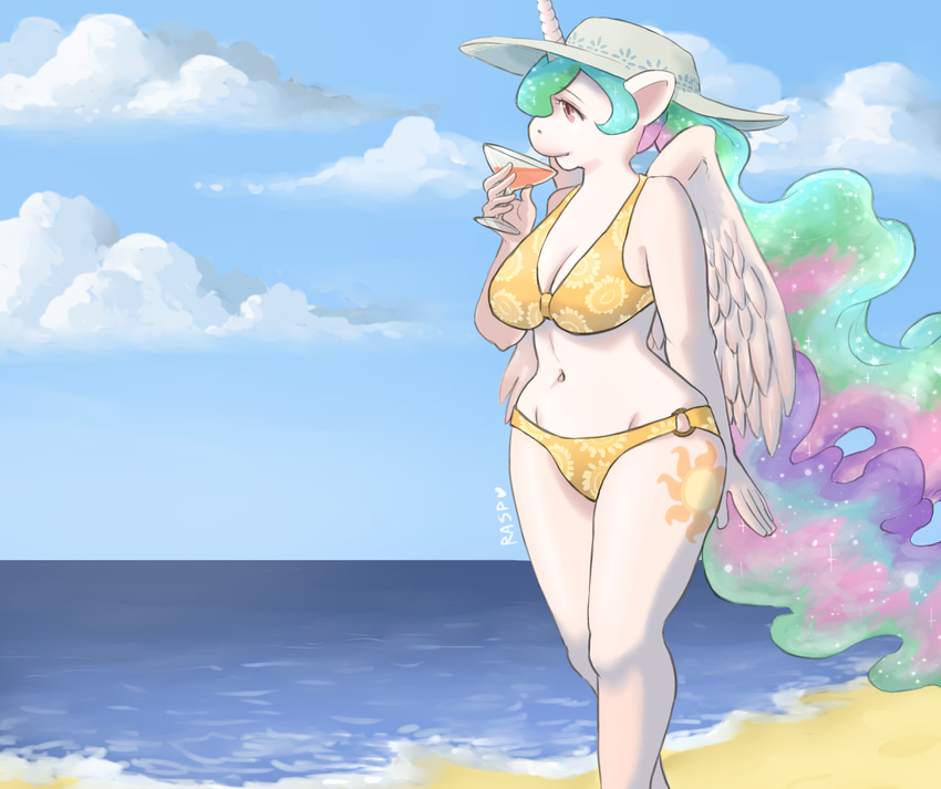 anthro beach big_breasts bikini breasts clothing cutie_mark drink equine feathers female friendship_is_magic fur hair hat hi_res horn long_hair mammal multicolored_hair my_little_pony navel outside pink_eyes princess_celestia_(mlp) seaside smile solo standing swimsuit the-rasp-b white_fur winged_unicorn wings