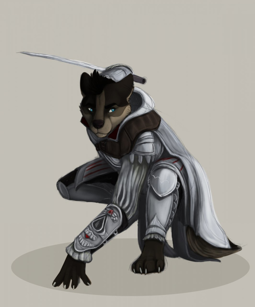 2014 anthro assassin assassin's_creed belt blue_eyes brown_fur canine cape claws cloak clothing colored crouching dog fur german_shepherd hair male mammal robe shaded solo sword tar0 video_games weapon