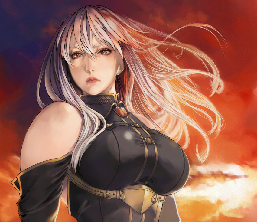 bare_shoulders breasts detached_sleeves highres kazakami_yuu large_breasts lips long_hair realistic selvaria_bles senjou_no_valkyria senjou_no_valkyria_1 solo upper_body