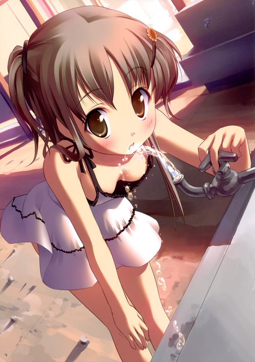 absurdres blush breasts brown_eyes brown_hair cleavage copyright_request downblouse dress drinking drinking_fountain eyebrows_visible_through_hair flower fountain hair_flower hair_ornament hand_on_own_knee highres leaning_forward looking_at_viewer medium_breasts ponytail solo takoyaki_(roast) water