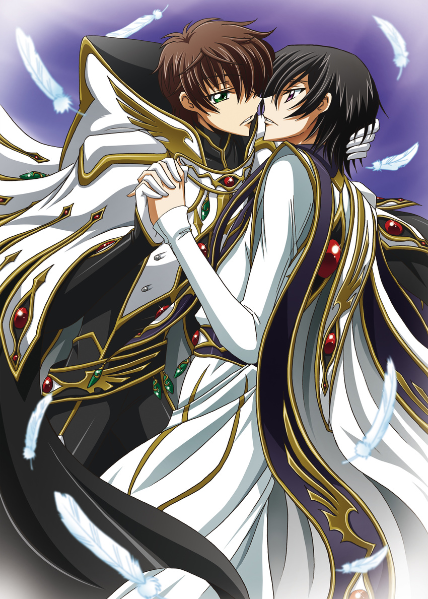 absurdres cape code_geass feathers highres kururugi_suzaku lelouch_lamperouge male_focus multiple_boys tsunoda_uei yaoi