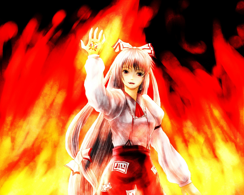 dark fire fujiwara_no_mokou g_gundam gundam hair_ribbon k.k long_hair open_mouth pants parody red_eyes ribbon shining_finger shirt silver_hair solo suspenders touhou very_long_hair wallpaper white_shirt