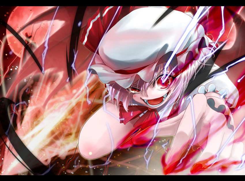 bat_wings crazy_eyes cross fangs fingernails glowing glowing_eyes hat lavender_hair letterboxed light_trail magic_circle porurin red_eyes remilia_scarlet short_hair slit_pupils solo touhou uneven_eyes wings