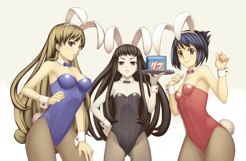 animal_ears ar_tonelico ar_tonelico_ii armpits black_hair blonde_hair blue_eyes blue_hair breasts brown_eyes brown_hair bunny_ears bunny_girl bunnysuit chroche_latel_pastalie cleavage flat_chest jakuri luca_truelywaath medium_breasts multiple_girls pantyhose short_hair small_breasts terumii tray wrist_cuffs yellow_eyes