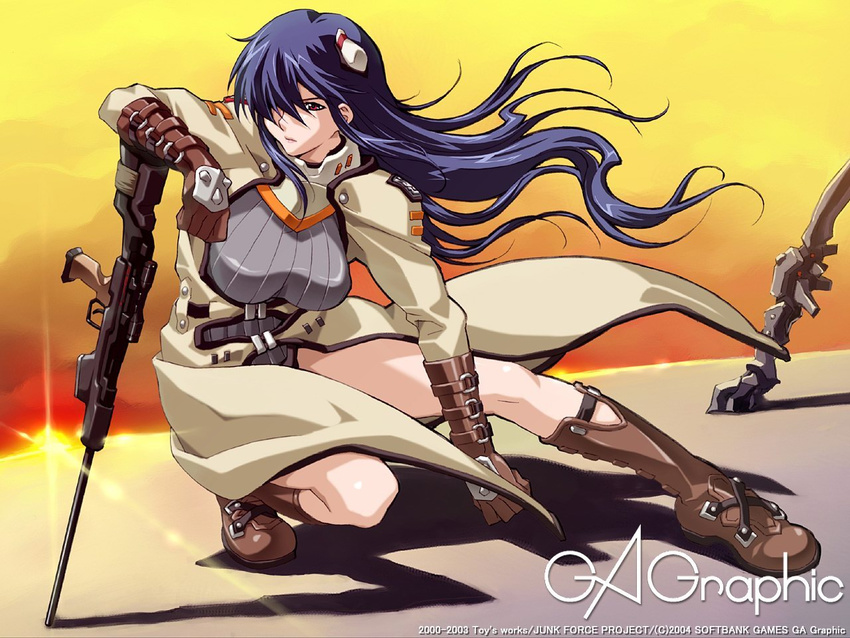 blue_hair boots gagraphic gun happoubi_jin junk_force long_hair red_eyes rifle solo weapon