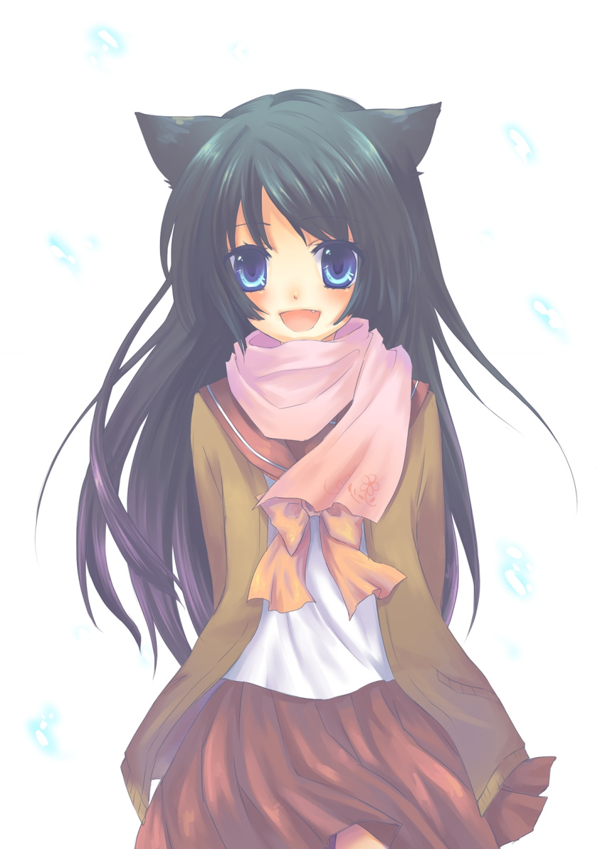 animal_ears bad_id bad_pixiv_id black_hair blue_eyes cat_ears copyright_request fang highres juuya long_hair scarf skirt solo