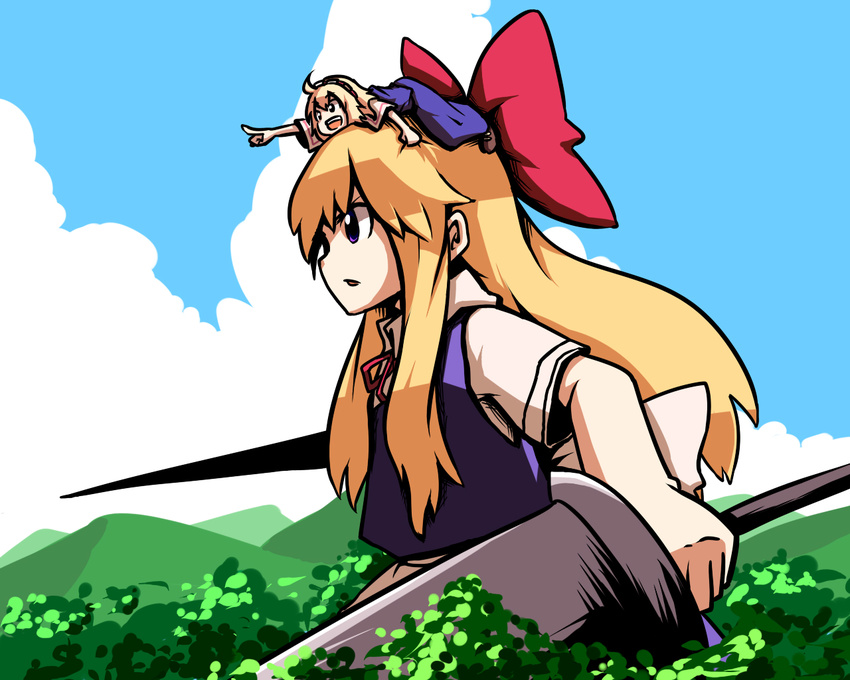 alice_margatroid blonde_hair doll dual_wielding epurasu forest giantess goliath_doll hairband holding lance long_hair multiple_girls nature object_on_head pointing pointing_forward polearm purple_eyes ribbon touhou tree weapon