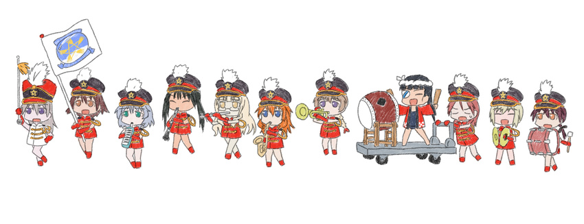 6+girls amino_(trude) bad_id bad_pixiv_id band_uniform blonde_hair blue_eyes braid brown_eyes brown_hair charlotte_e_yeager chibi clarinet closed_eyes color_guard drum eila_ilmatar_juutilainen erica_hartmann everyone eyepatch feathers flag flute francesca_lucchini gertrud_barkhorn glasses gloves green_eyes hat instrument long_hair lynette_bishop marching_band marching_band_baton minna-dietlinde_wilcke miyafuji_yoshika multiple_girls no_pants orange_hair perrine_h_clostermann ponytail purple_eyes red_hair sakamoto_mio sanya_v_litvyak saxophone school_swimsuit shako_cap short_hair silver_hair single_braid strike_witches swimsuit swimsuit_under_clothes trombone trumpet twintails uniform world_witches_series yellow_eyes