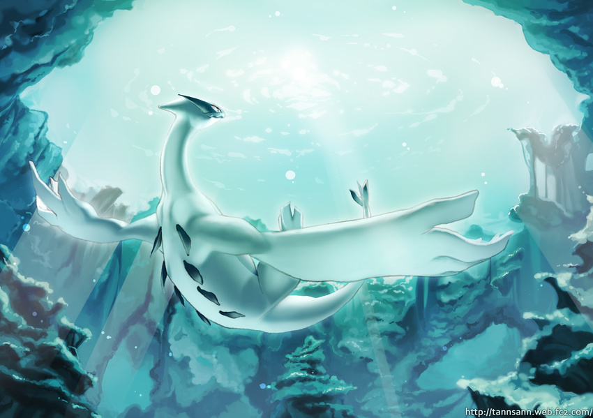 bad_id bad_pixiv_id gen_2_pokemon highres light_rays lugia nature no_humans outstretched_arms pokemon pokemon_(creature) smile solo spread_arms sunbeam sunlight underwater upside-down water watermark