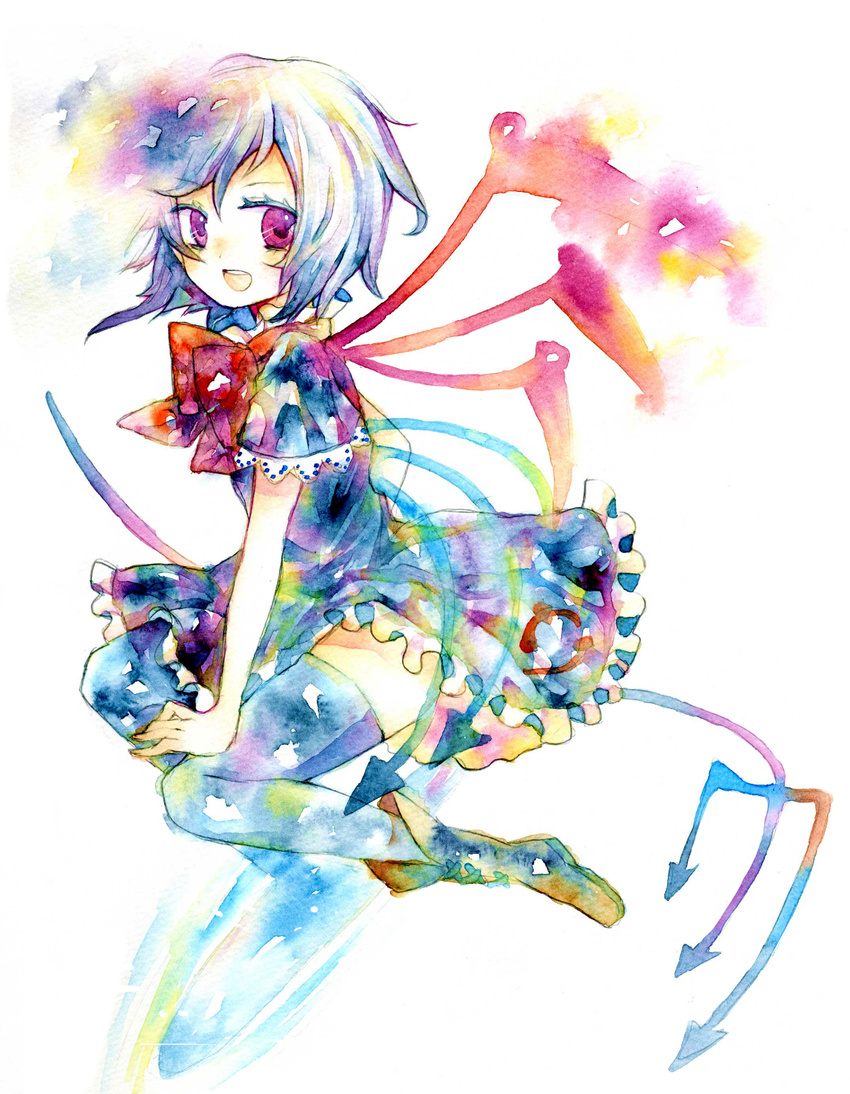 colorful dress highres houjuu_nue legomaru petticoat polearm red_eyes short_hair solo thighhighs touhou traditional_media trident watercolor_(medium) weapon wings zettai_ryouiki
