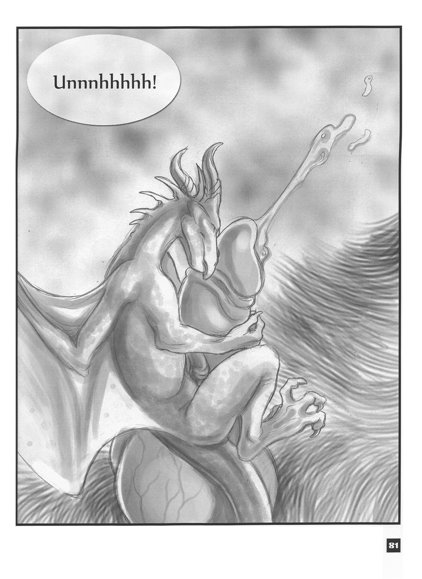 2010 anthro anthro_on_feral bestiality canine claws comic cum dialogue dragon duo erection eyes_closed feral fur gay greyscale horn hug interspecies knot male mammal monochrome orgasm penis rukis scalie size_difference sketch text vein wings wolf