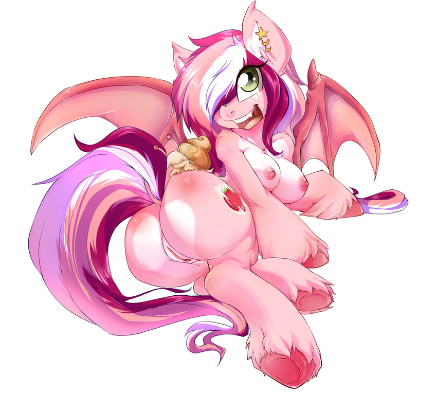 anthro bat_pony big_breasts breasts butt clitoris cutie_mark ear_piercing equine fan_character female freckles fur gastropod green_eyes hair hair_over_eye hooves horse long_hair looking_at_viewer mammal membranous_wings multicolored_hair my_little_pony nipples open_mouth piercing pink_fur plain_background pony presenting presenting_hindquarters pussy rainbowscreen raised_tail rear_view smile snail solo wings
