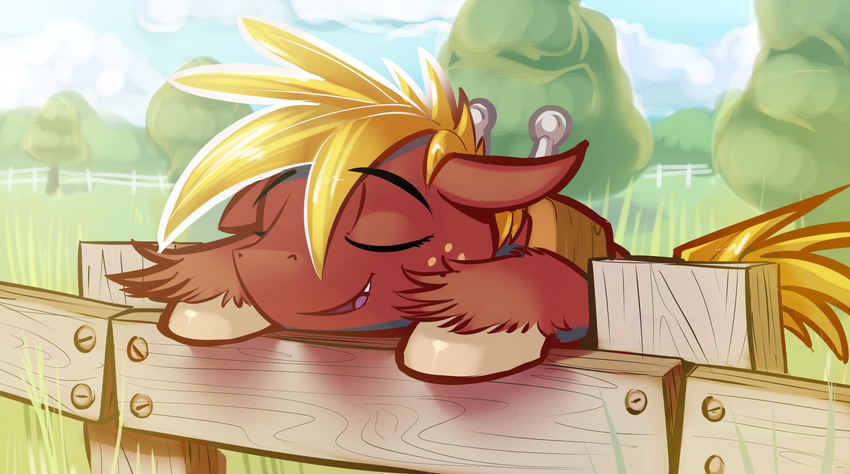 2014 big_macintosh_(mlp) blonde_hair earth_pony equine eyes_closed fence feral freckles friendship_is_magic grass gsphere hair horse male mammal my_little_pony outside pony sleeping solo tree