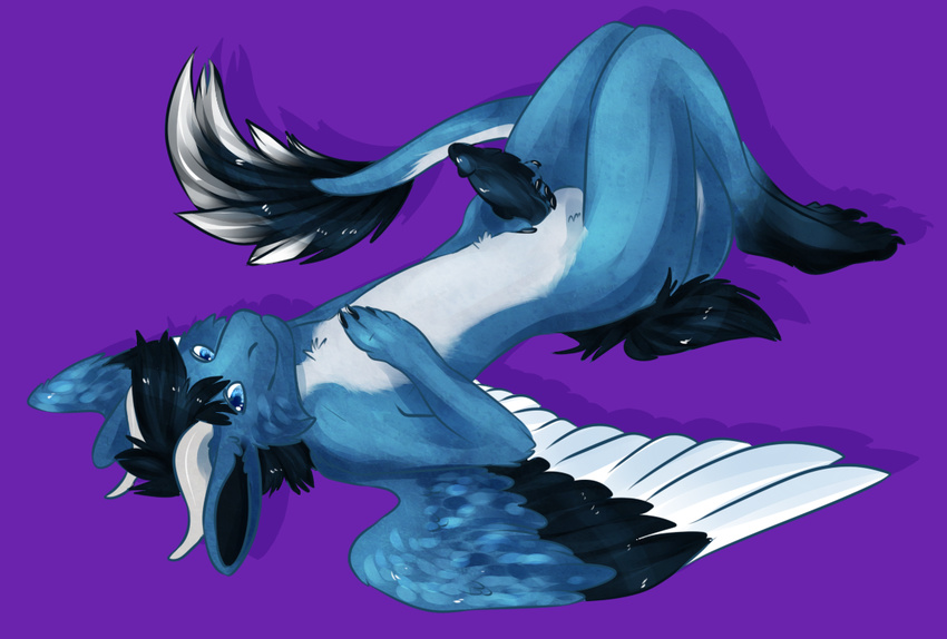 2014 anthro dragon erection feathers fluffy fur hair horn jitzu long_hair looking_at_viewer male nude penis plain_background rayxray smile solo wings