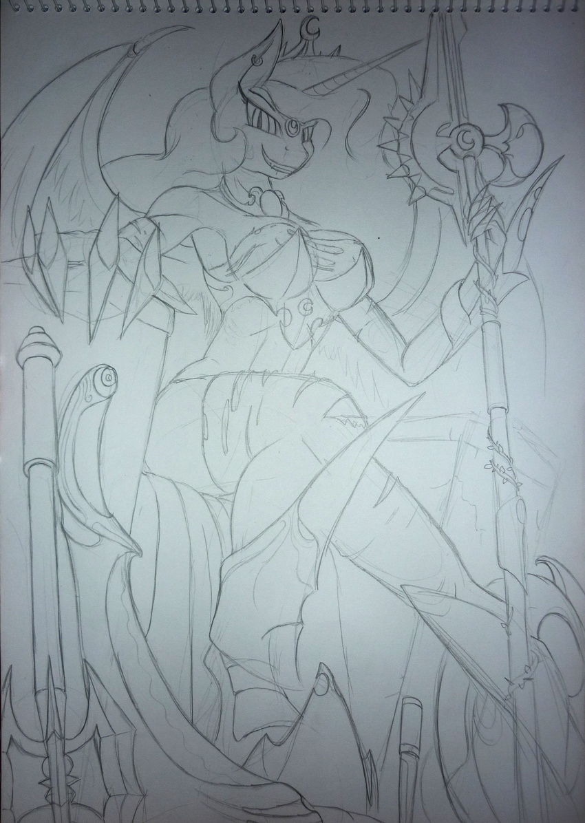 2014 anthro anthrofied armor axe black_and_white blumagpie boots breasts cleavage clothed clothing crown equine fangs female friendship_is_magic gauntlets hi_res horn looking_at_viewer mace mammal monochrome my_little_pony navel necklace nightmare_moon_(mlp) piercing sitting sketch slit_pupils solo throne weapon winged_unicorn wings