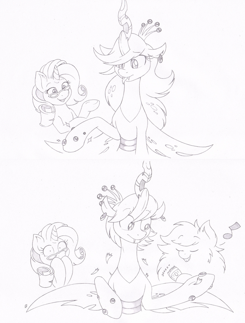 2014 black_and_white changeling equine eyewear fan_character fangs female feral fluffle_puff friendship_is_magic glasses hair holes horn horse jewelry joey-darkmeat male mammal monochrome my_little_pony piercing plain_background pony queen_chrysalis_(mlp) rarity_(mlp) shaving sketch slit_pupils unicorn white_background wings