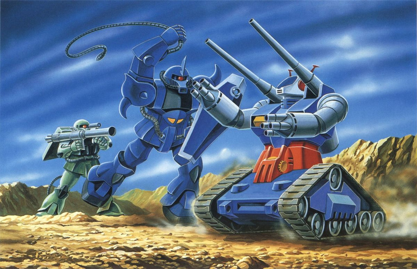 battle gouf gundam guntank mecha mobile_suit_gundam official_art rocket_launcher scan shield weapon zaku zaku_ii