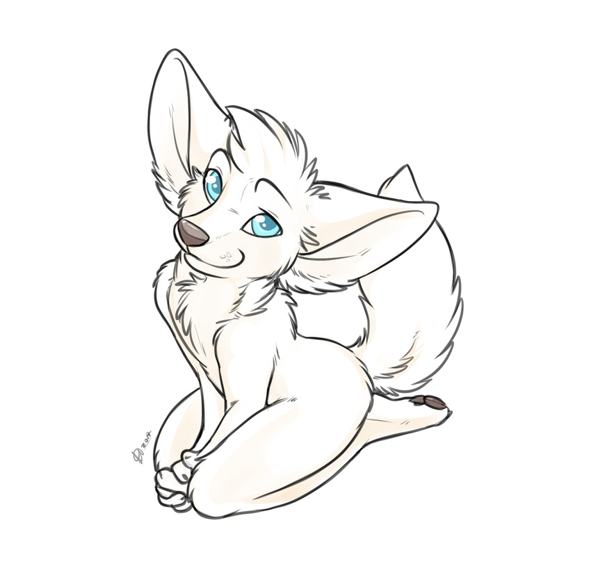 2014 ambiguous_gender anthro blue_eyes canine fennec fox kneeling kwik looking_at_viewer looking_up mammal plain_background solo white_background
