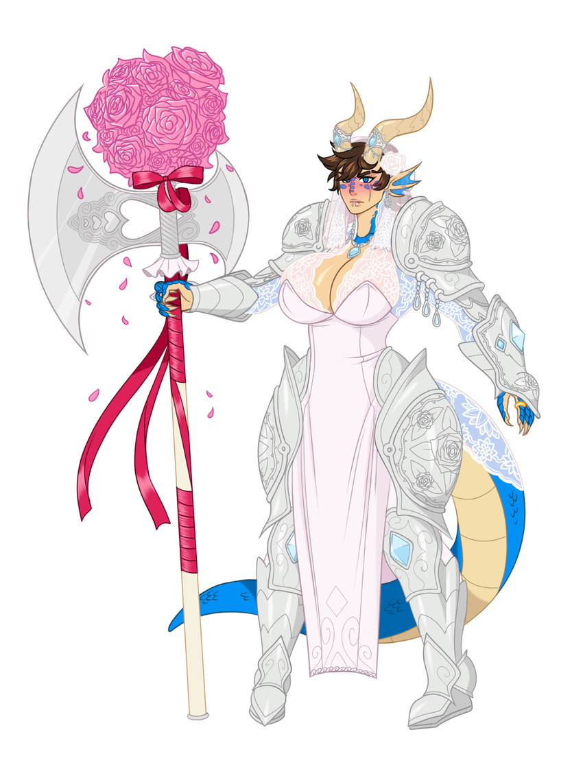 armor axe big_breasts blue_eyes blue_scales blush breasts brown_hair claws cleavage clothed clothing dragon drakthug ear_piercing facial_piercing female flower gem gold hair horn lip_piercing necklace norael piercing plain_background plant rose solo voluptuous weapon wedding_dress white_background
