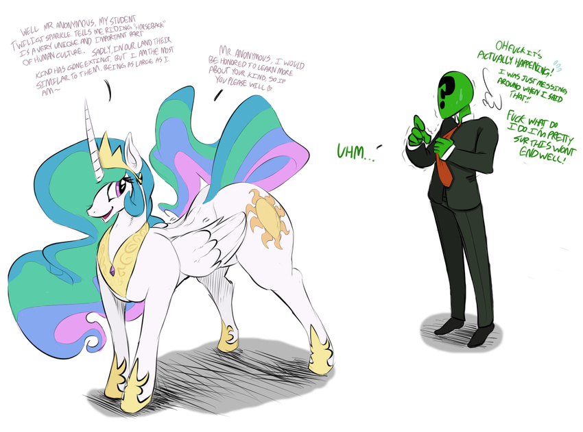 anonymous blush butt cutie_mark duo english_text equine female feral friendship_is_magic hair horn long_hair male mammal my_little_pony nervous presenting presenting_hindquarters princess_celestia_(mlp) sun sunibee text winged_unicorn wings