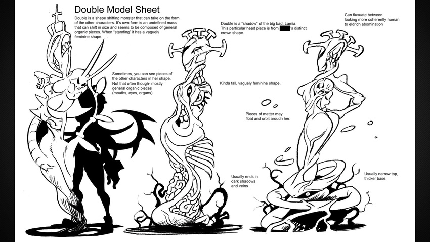 breasts butt concept_art crown double_(skullgirls) english_text female monochrome monster official_art skullgirls solo teeth text