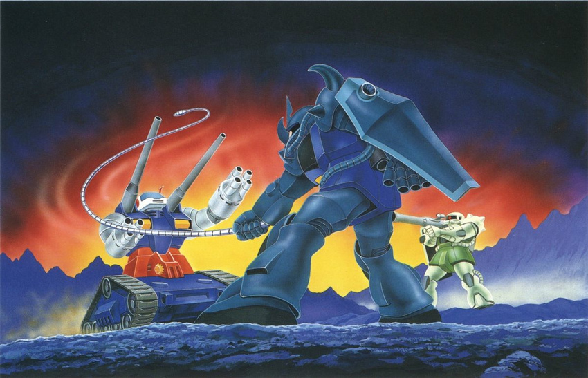 battle gouf gundam guntank mecha mobile_suit_gundam official_art rocket_launcher scan shield weapon zaku zaku_ii