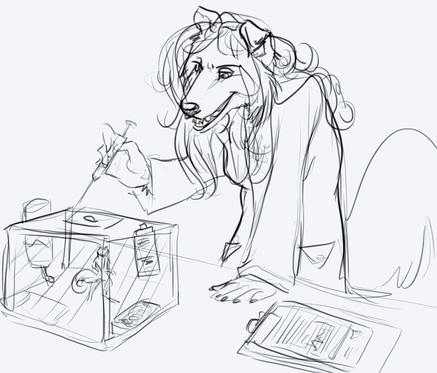 ambiguous_gender angry anthro black_and_white border_collie canine captive clipboard dog duo experiment fauxlacine fear female lab_coat laboratory mammal micro monochrome rodent scientist size_difference sketch sofia_fluttertail squirrel story syringe threat