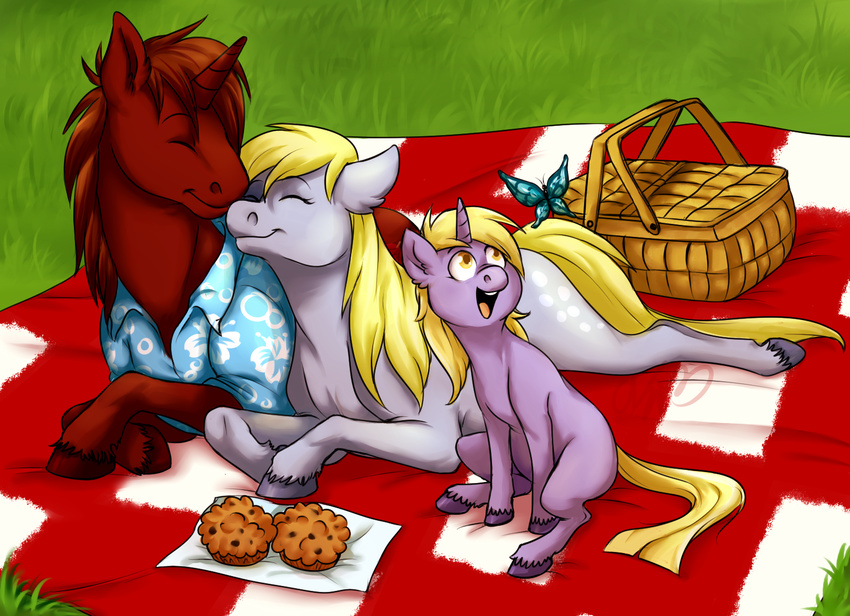 arthropod basket blanket butterfly cartoonlion cub derpy_hooves_(mlp) dinky_hooves_(mlp) equine eyes_closed fan_character female feral food friendship_is_magic grass group horn horse insect lying mammal muffin my_little_pony open_mouth pegasus picnic pony sitting unicorn wings young