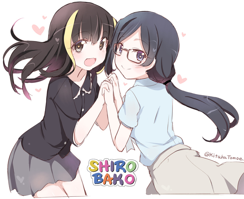 :3 :d andou_tsubaki black_eyes black_hair blush copyright_name glasses heart heart-shaped_pupils holding_hands kitahara_tomoe_(kitahara_koubou) long_hair low_ponytail md5_mismatch multicolored_hair multiple_girls open_mouth satou_sara shirobako shirt skirt smile streaked_hair symbol-shaped_pupils twitter_username typo white_background yuri