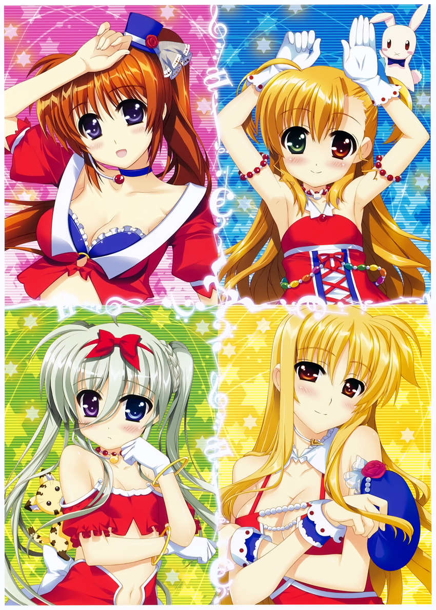 absurdres ahoge asteion blonde_hair blue_eyes blush bracelet breasts brown_hair cleavage einhart_stratos fate_testarossa fujima_takuya gloves hand_on_own_chest heterochromia highres huge_filesize jewelry long_hair lyrical_nanoha mahou_shoujo_lyrical_nanoha_vivid medium_breasts multiple_girls red_eyes sacred_heart scan side_ponytail small_breasts takamachi_nanoha twintails vivio