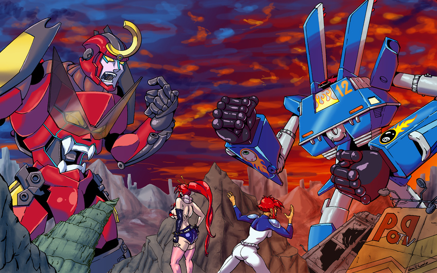 armor ass bare_shoulders belt bikini_top blue_shorts bodysuit breasts cartoon_network clenched_hand cloud cloudy_sky cowboy_shot elbow_gloves epic fangs gainax gloves gurren-lagann hair_ornament hair_stick kiva large_breasts long_hair mecha medium_breasts megas_xlr megas_xlr_(mecha) mountain multiple_girls pink_legwear pointing pointing_at_self ponytail red_hair scarf short_hair short_shorts shorts shoulder_pads sideboob sidelocks single_elbow_glove sky standing studded_belt tengen_toppa_gurren_lagann thighhighs very_long_hair white_bodysuit yoko_littner