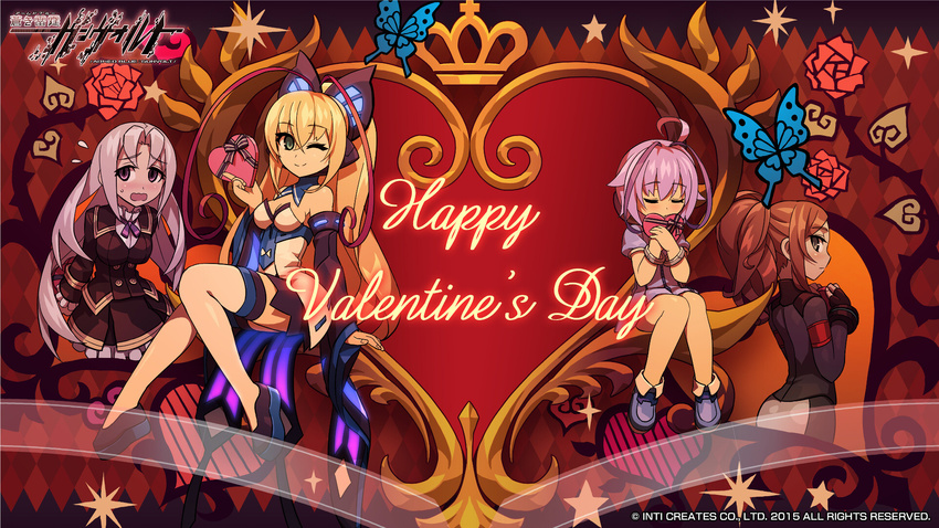 azure_striker_gunvolt blonde_hair brown_hair closed_eyes elise_(gunvolt) gunvolt hatakeyama_yoshitaka highres joule_(gunvolt) lavender_hair lumen_(gunvolt) monica_(gunvolt) multiple_girls official_art one_eye_closed ponytail thighhighs valentine