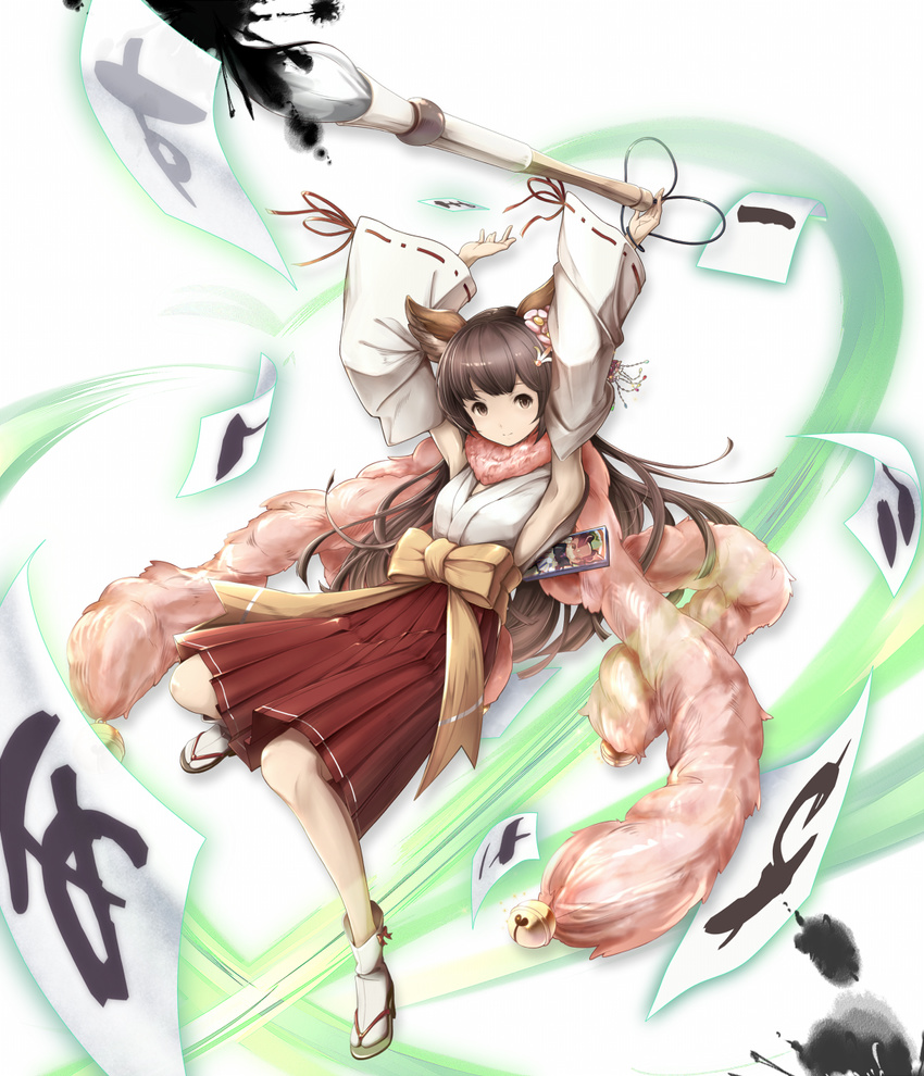 alternate_costume amage_kanade animal_ears armpits arms_up aster_(granblue_fantasy) bad_id bad_pixiv_id bangs bell black_hair bow bow_legwear breasts calligraphy_brush detached_sleeves erune fox_ears from_side full_body granblue_fantasy hair_ornament hakama hakama_skirt high_heels highres holding ink japanese_clothes jingle_bell lifting light_smile long_hair looking_at_viewer miko oversized_object paintbrush paper pleated_skirt red_hakama ribbon-trimmed_sleeves ribbon_trim sandals sash scarf skirt small_breasts smile solo tabi translation_request very_long_hair wide_sleeves yellow_eyes