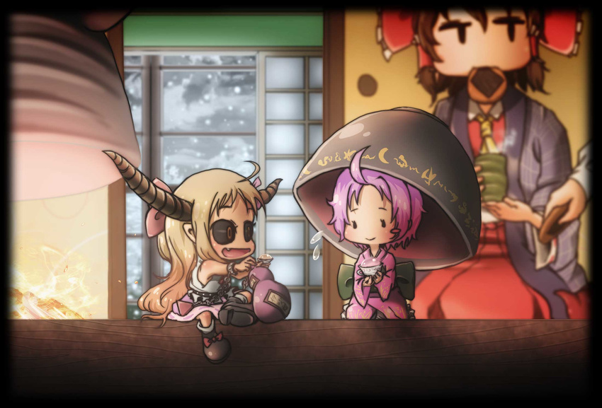 ahoge ascot belt black_sclera blush blush_stickers bobby_socks bow bowl bowl_hat brown_hair chain chamaji chibi comic cracker cuffs cup dress eating fang fire fireplace floral_print flying_sweatdrops food gourd green_tea hair_bow hair_ornament hair_tubes hakurei_reimu hat highres horn_ribbon horns ibuki_suika japanese_clothes kimono long_hair long_sleeves looking_at_another low-tied_long_hair minigirl mouth_hold multiple_girls obi oni open_mouth orange_eyes orange_hair purple_hair pyramid_(geometry) red_dress ribbon ribbon-trimmed_sleeves ribbon_trim sakazuki sash senbei shackles shirt shoe_ribbon shoes silent_comic sitting skirt skirt_set sleeveless sleeveless_shirt smile socks sukuna_shinmyoumaru tea teacup touhou very_long_hair white_legwear wide_sleeves wrist_cuffs yellow_eyes yunomi