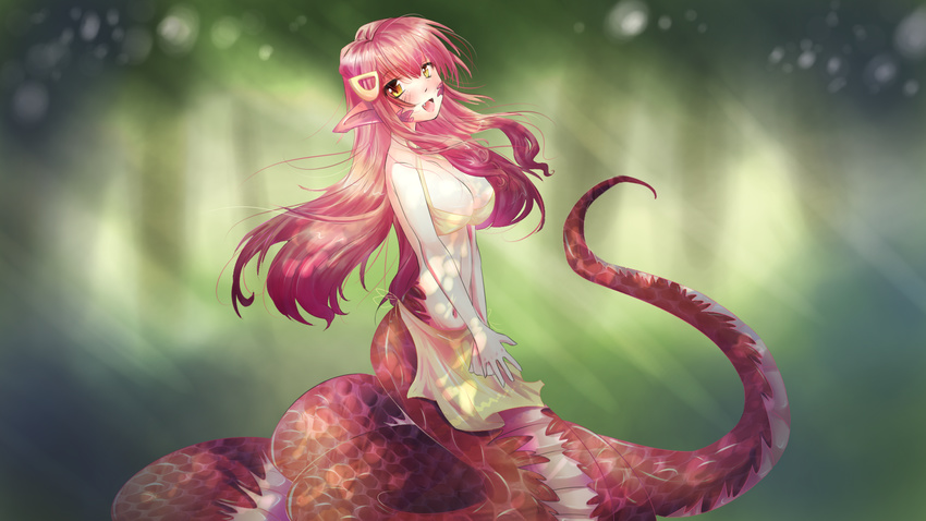 :d bikini breasts dreampaw fang hair_ornament hairclip highres lamia large_breasts long_hair miia_(monster_musume) monster_girl monster_musume_no_iru_nichijou navel open_mouth orange_eyes pointy_ears red_hair scales slit_pupils smile solo swimsuit very_long_hair yellow_bikini