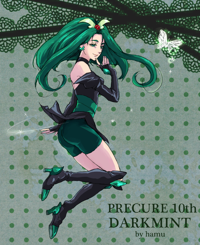 absurdres artist_name ass bad_id bad_pixiv_id bike_shorts black_footwear black_gloves boots bug butterfly character_name choker copyright_name dark_cure_(yes!_precure_5) dark_mint earrings elbow_gloves fingerless_gloves gloves green_eyes green_hair hamu_(bcb75332) highres insect jewelry knee_boots long_hair magical_girl precure shorts shorts_under_skirt smile solo yes!_precure_5