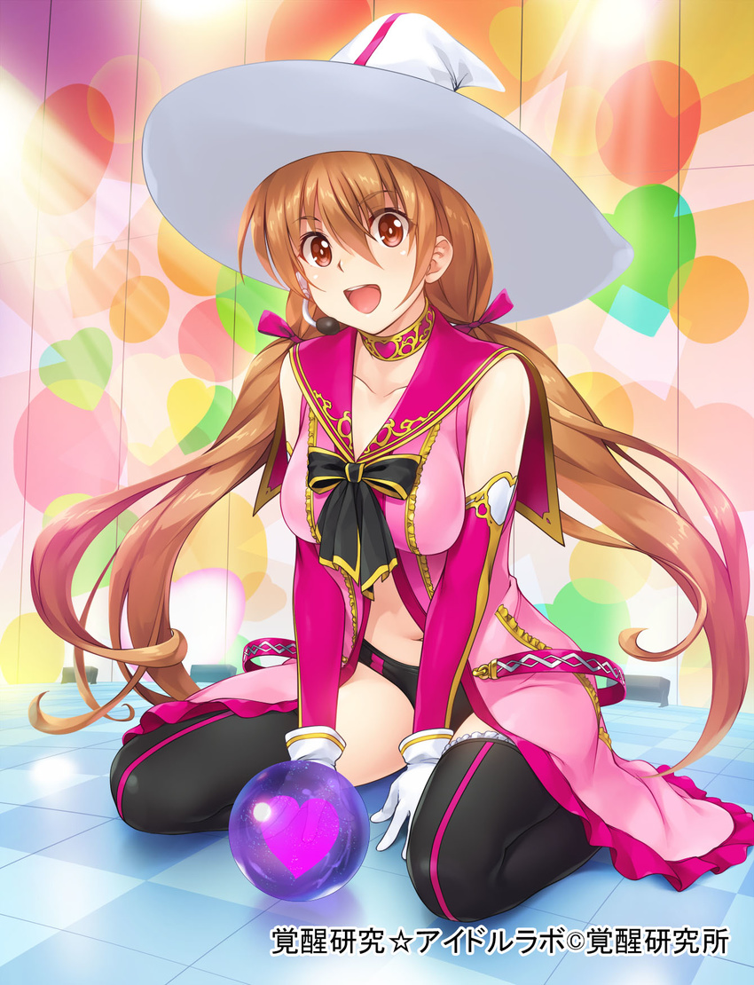 breasts brown_eyes brown_hair crystal_ball detached_sleeves gloves hair_ribbon hat headset heart highres kakusei_kenkyuu_idol_lab large_breasts long_hair official_art panties ribbon sitting smile solo thighhighs twintails underwear very_long_hair wacchi wariza witch_hat
