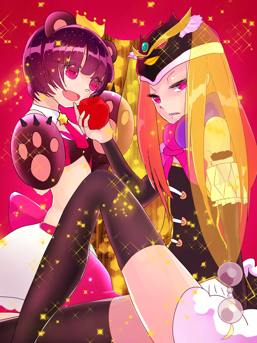 :d animal_ears apple arakawa_miho bear_ears bear_girl bear_paws claws creator_connection crossover crown expressionless fang food fruit gem gloves half-closed_eyes hat highres long_legs looking_at_viewer mawaru_penguindrum multiple_girls open_mouth parted_lips paw_gloves paws penguin_hat pink_background princess_of_the_crystal see-through seiyuu_connection simple_background skindentation smile sparkle takakura_himari thighhighs thighs tiara tooth veil yuri_kuma_arashi yurishiro_ginko