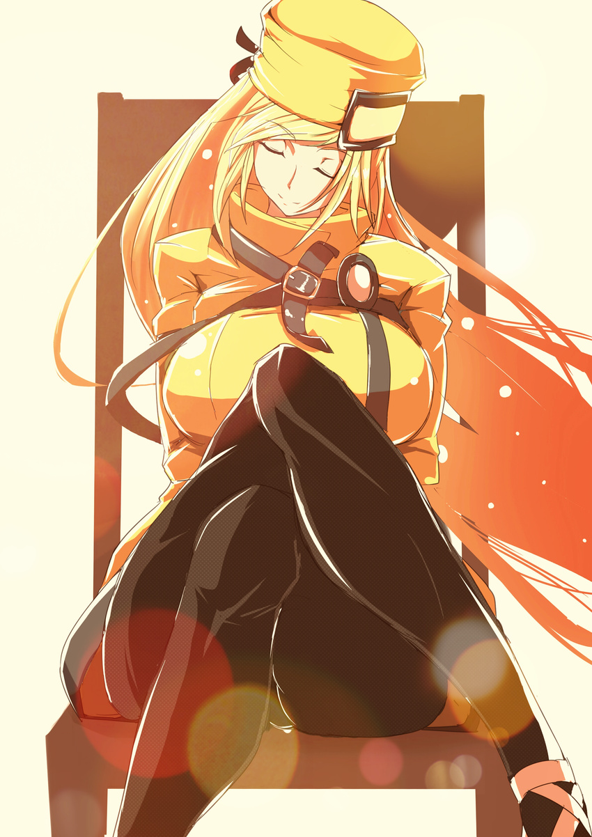 absurdres blonde_hair breasts closed_eyes crossed_legs guilty_gear guilty_gear_xrd hat highres huge_breasts long_hair millia_rage nontan_(nontanexx) pantyhose sitting smile solo very_long_hair