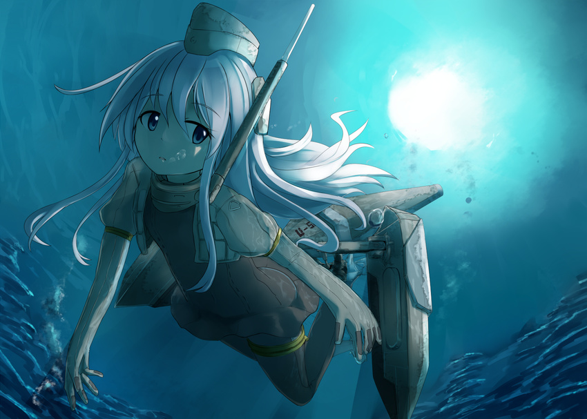 black_dress black_legwear blue_eyes bobu_(bovyo222) bubble covered_navel cropped_jacket dress garrison_cap hat kantai_collection long_hair long_sleeves machinery military military_uniform open_mouth puffy_long_sleeves puffy_sleeves silver_hair solo sun thigh_strap u-511_(kantai_collection) underwater uniform water