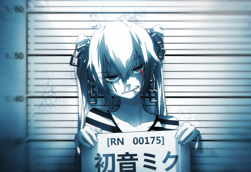 :p bai_yemeng blood chain character_name earrings hatsune_miku head_tilt height_chart holding holding_sign jewelry long_hair monochrome mugshot scar scar_across_eye shirt sign solo striped striped_shirt tongue tongue_out twintails vocaloid