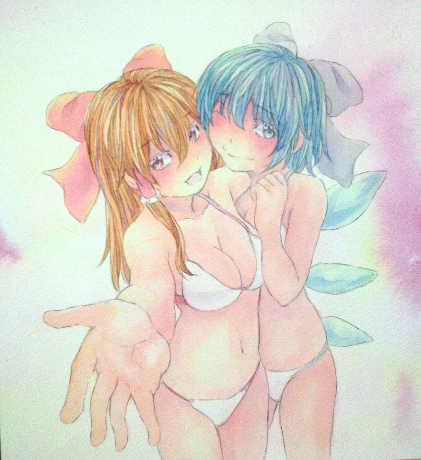 bikini blue_eyes blue_hair blush bow breasts brown_eyes brown_hair cirno cleavage collarbone cowboy_shot foreshortening hair_bow hair_tubes hakurei_reimu highres hug ice ice_wings looking_at_viewer medium_breasts multiple_girls navel one_eye_closed open_mouth outstretched_hand pink_background short_hair smile string_bikini swimsuit touhou traditional_media watercolor_(medium) white_bikini wings yuyu_(00365676)