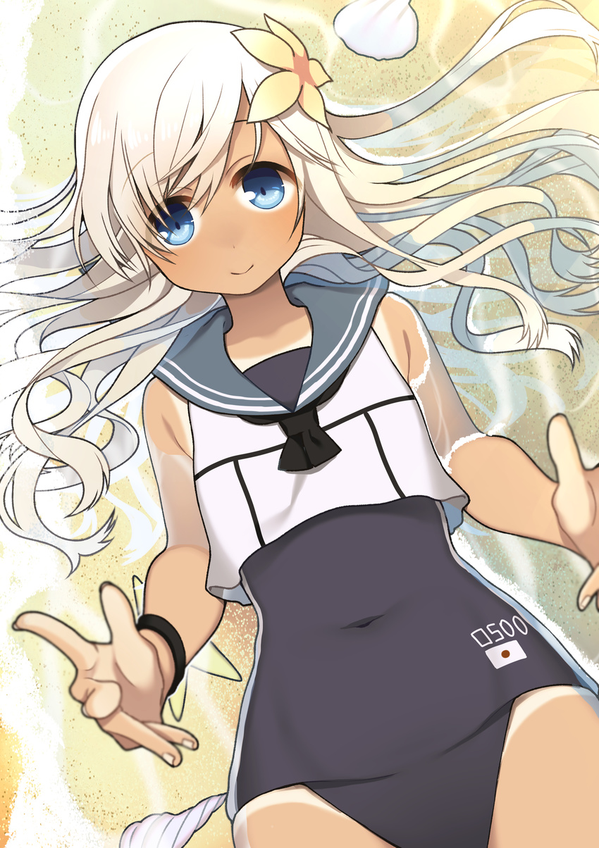 absurdres alara bad_id bad_pixiv_id beach blonde_hair blue_eyes bracelet clothes_writing covered_navel crop_top flower hair_flower hair_ornament highres japanese_flag jewelry kantai_collection long_hair looking_at_viewer lying on_back one-piece_swimsuit one-piece_tan partially_submerged platinum_blonde_hair ro-500_(kantai_collection) sand school_swimsuit school_uniform seashell serafuku shell smile solo swimsuit tan tanline water