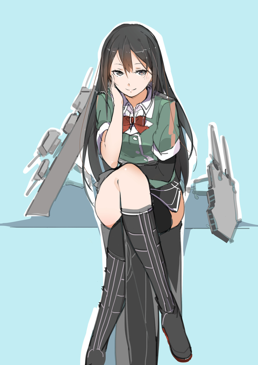 absurdres asymmetrical_legwear black_footwear black_gloves black_legwear black_skirt boots chikuma_(kantai_collection) crossed_legs gloves hand_on_own_cheek highres kantai_collection knee_boots long_hair looking_at_viewer mecha_musume pelvic_curtain remodel_(kantai_collection) ribbon sakura_sora side_slit single_glove single_thighhigh sitting skirt skirt_set smile solo thighhighs