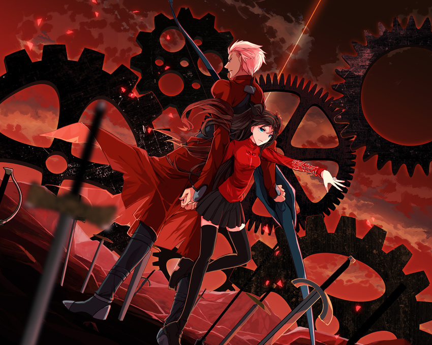 archer black_hair black_legwear blue_eyes bow_(weapon) fate/stay_night fate_(series) field_of_blades gears hair_ribbon highres nbtkm planted_sword planted_weapon ribbon sword thighhighs toosaka_rin two_side_up unlimited_blade_works weapon white_hair zettai_ryouiki